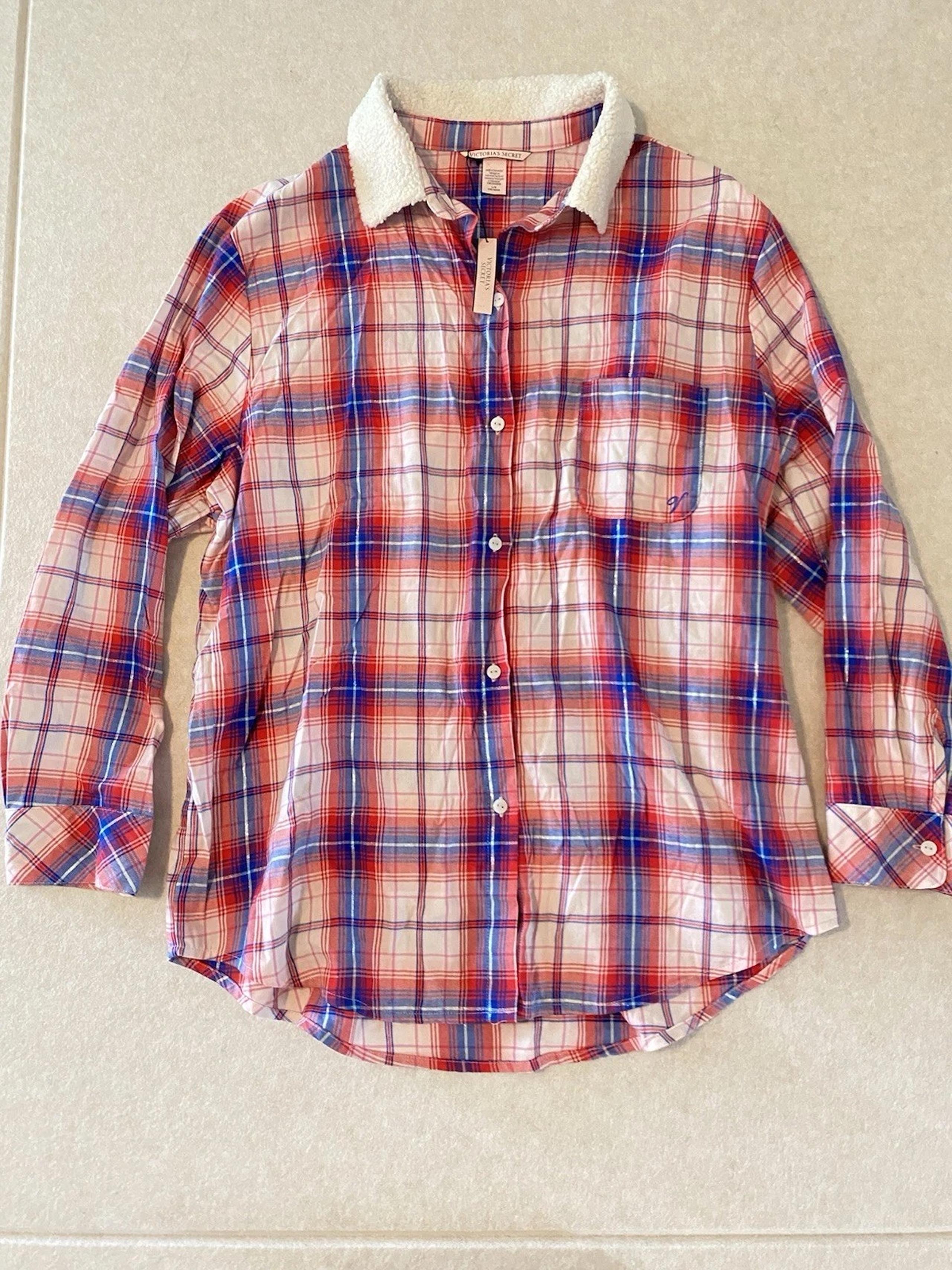 Victorias Secret Button Up Shirt Sleep Womens Large Plaid Oversized Sherpa