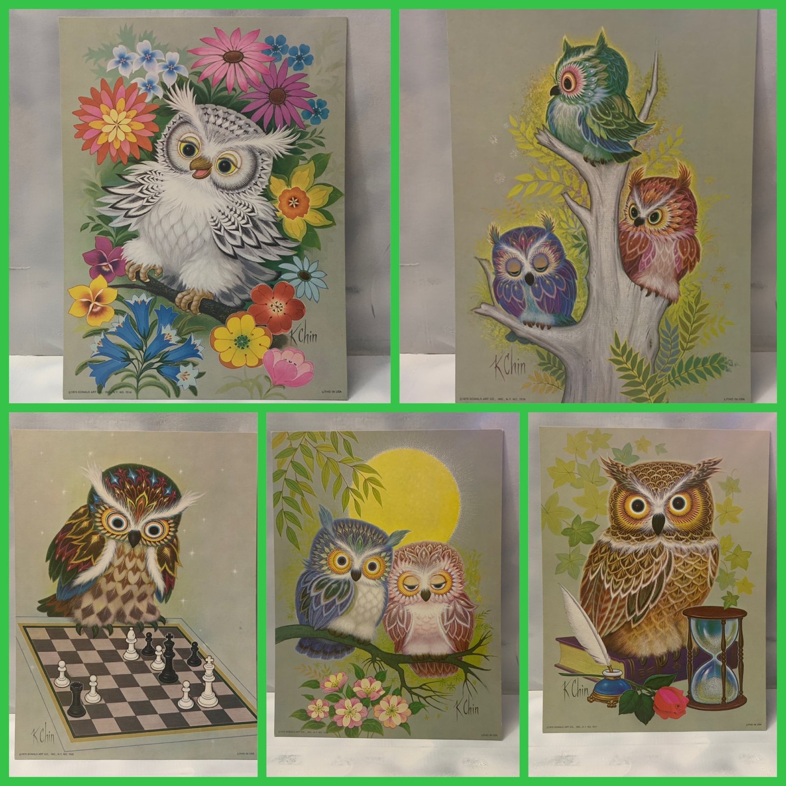 Vintage Set of 5 K. Chin Lithographs Wise Owl Series 1973