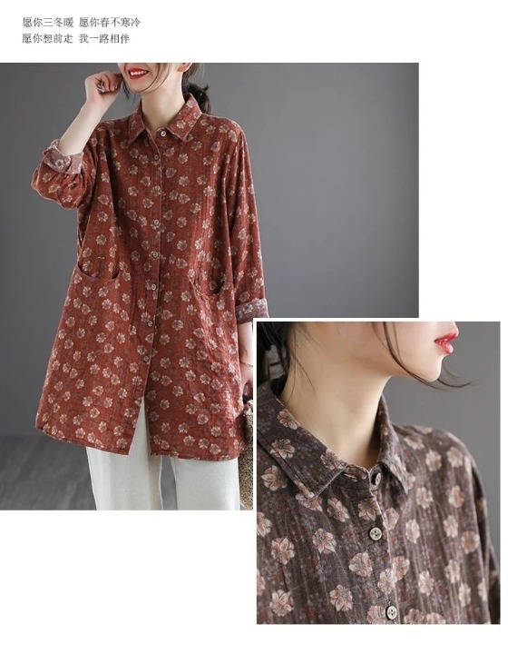 Women Cotton Linen Long Shirts New 2022 Spring Vintage Style Floral Print Loose