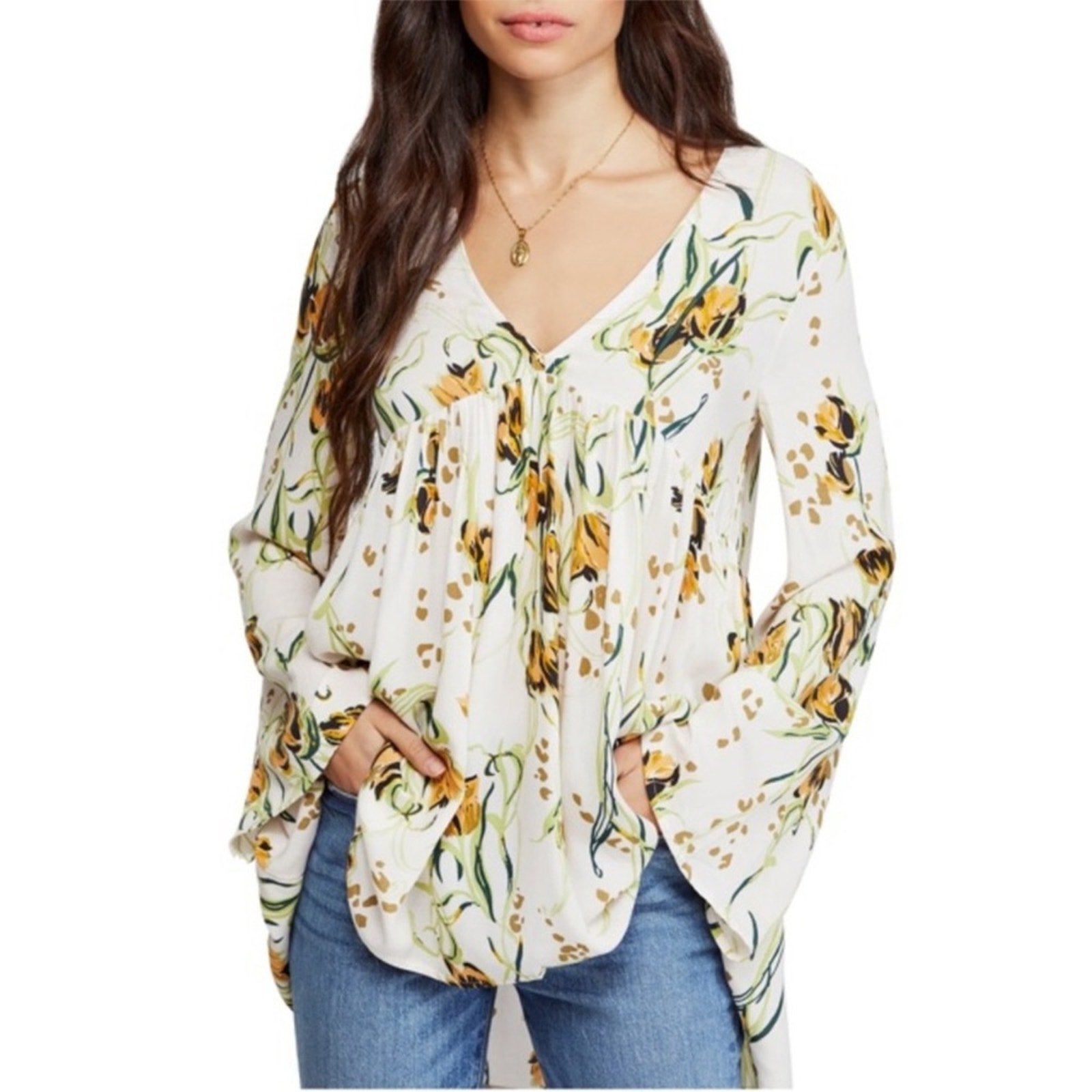 Free People Bella Floral Bell Sleeve Festival Mini Boho Tunic Sz S