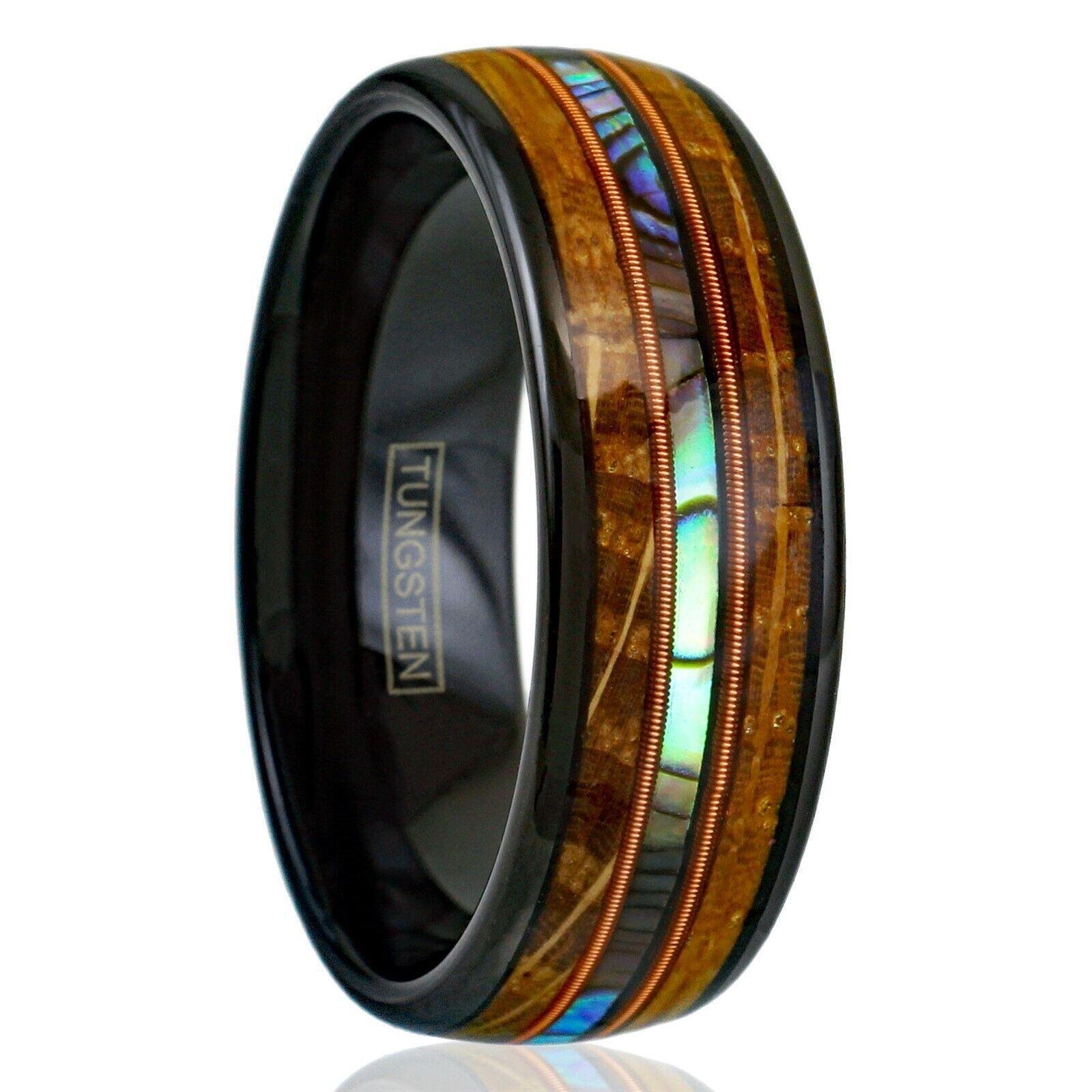 Men's Wedding Band Ring Whiskey Barrel Wood Abalone Dual Guitar String Ring for