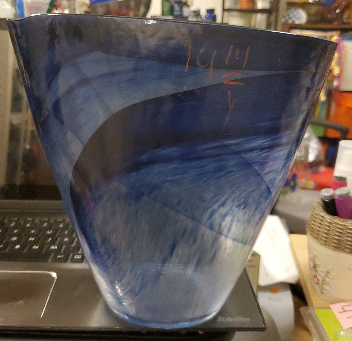 COBALT BLUE SWIRL OVAL ART HANDMADE BLOWN GLASS HANDPAINTED Large Vase 9 x9 x5