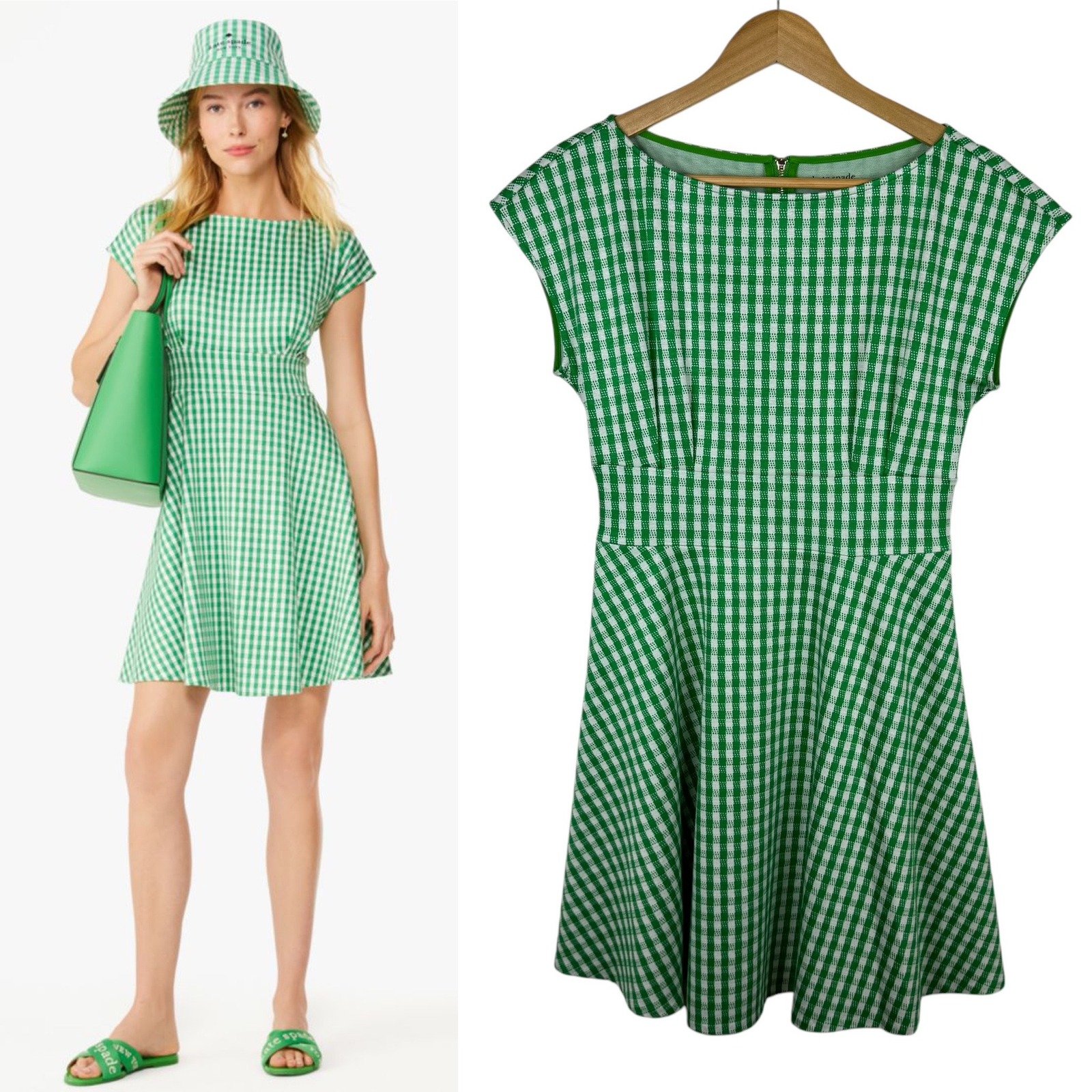 Kate Spade Womens Jazzy Gingham Fit & Flare Dress Sz S Green Career Party Preppy
