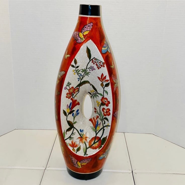 Vintage Chinese HUGE 21” Crackled Ceramic Glaze Vase w/ Butterflies & Flowers