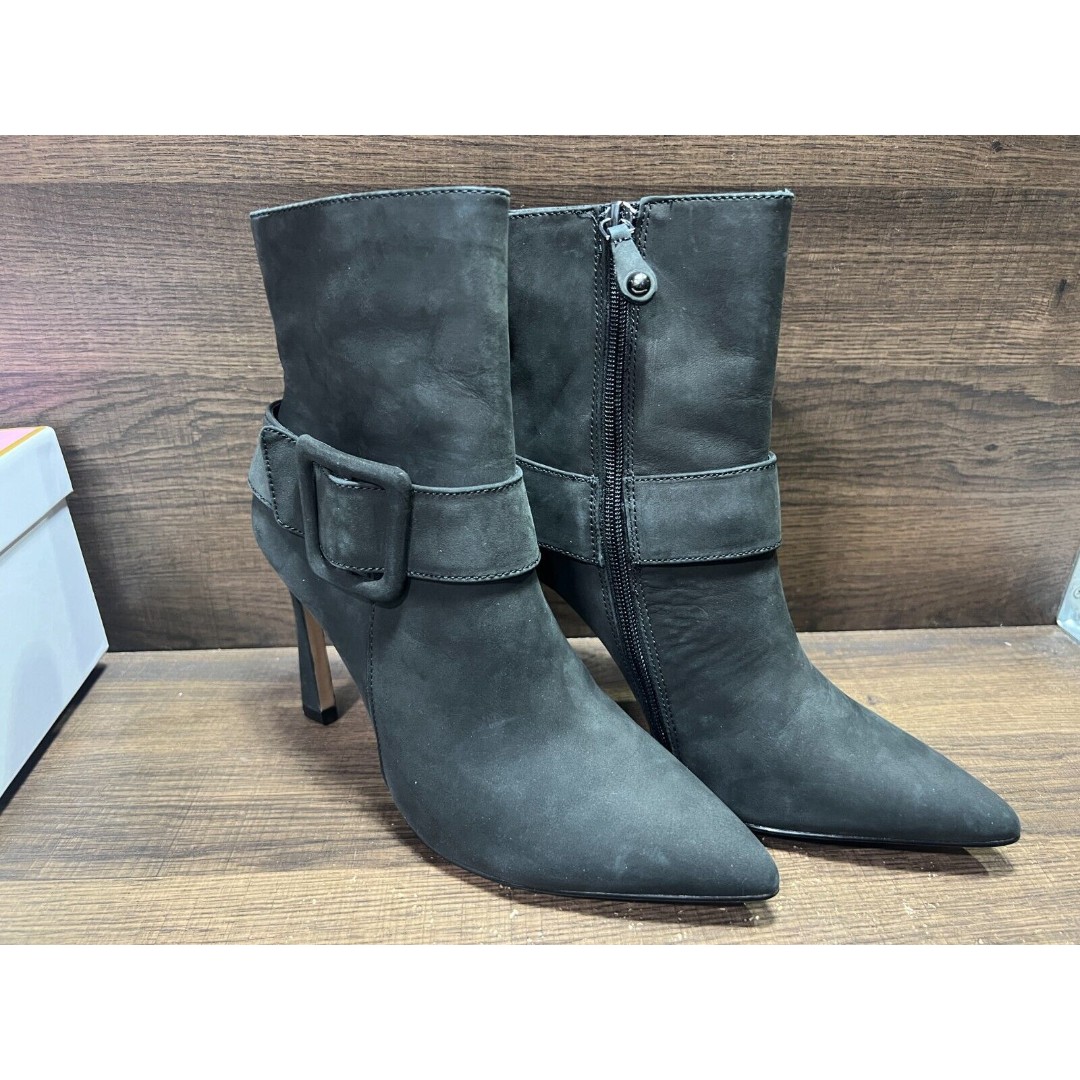 Cecelia New York Pillar Leather Buckle Heeled Booties Black Women's 7.5M New