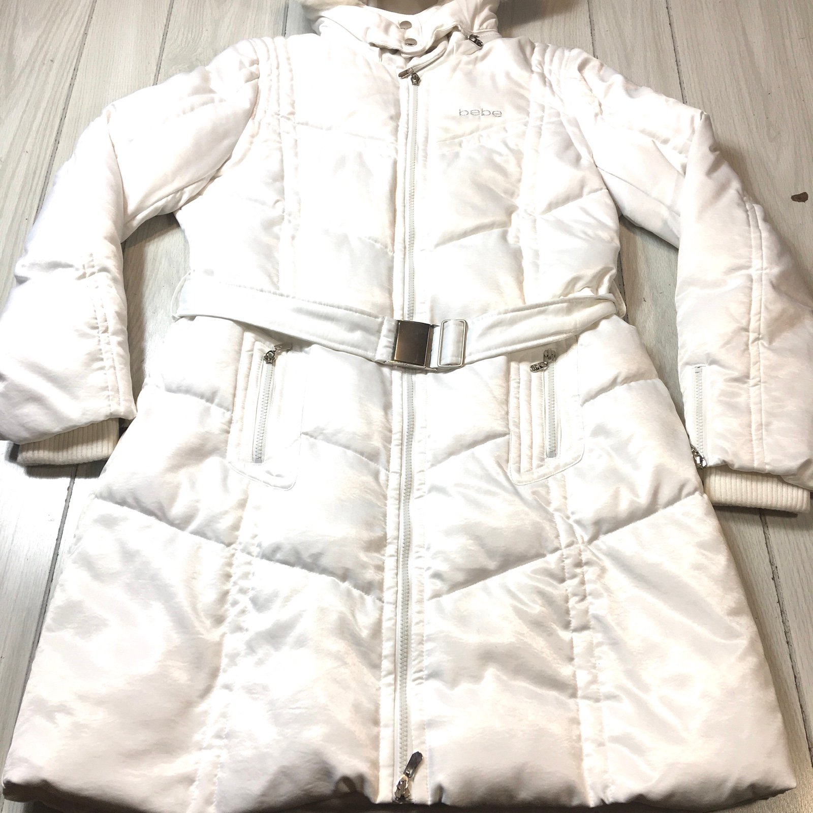 Bebe puffer coat White jacket down feather fill hood quilted Large Bebe