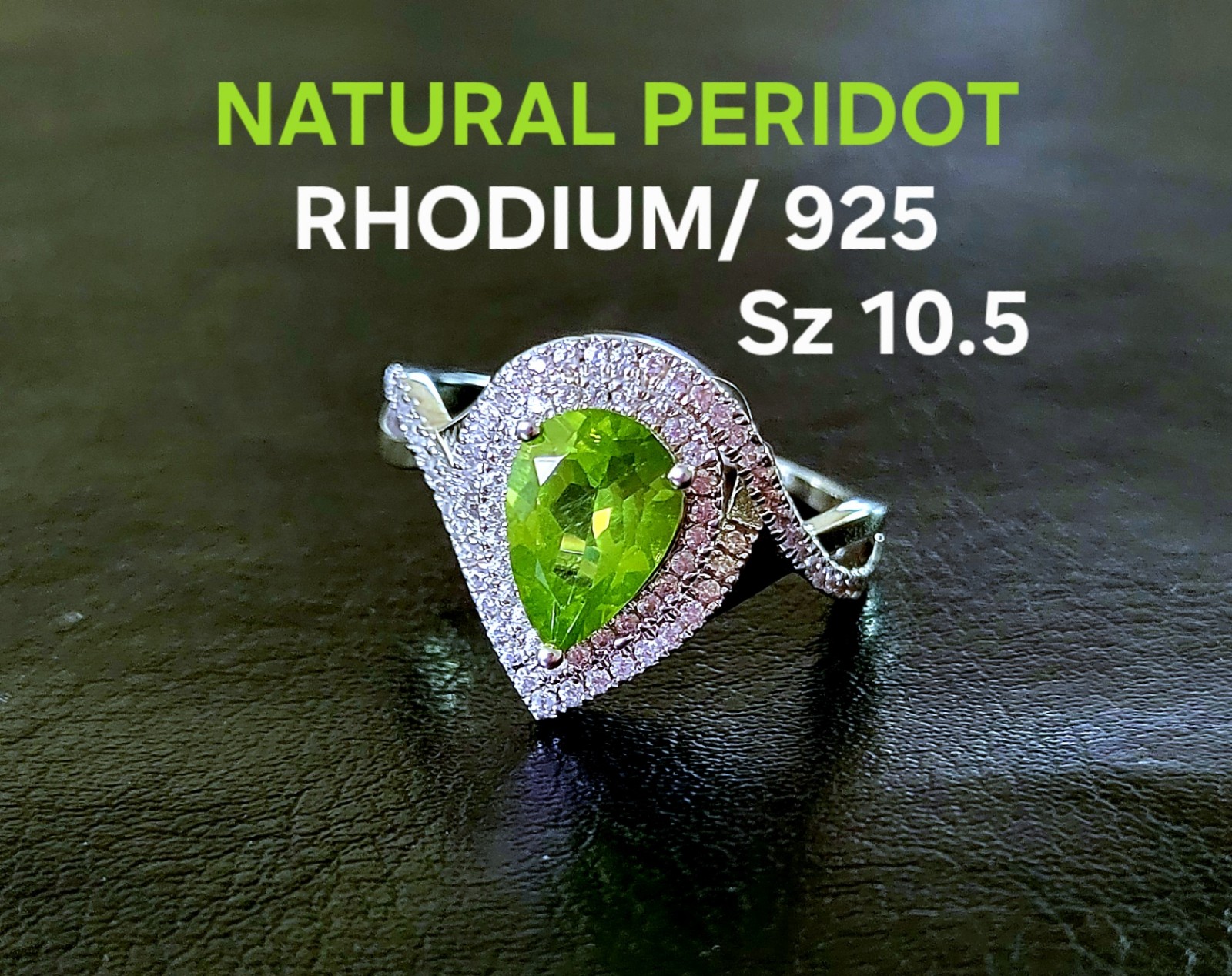 10- 10.5 NATURAL PEAR PERIDOT/ ZIRCON 925 STERLING DOUBLE HALO INFINITY RING 2-7