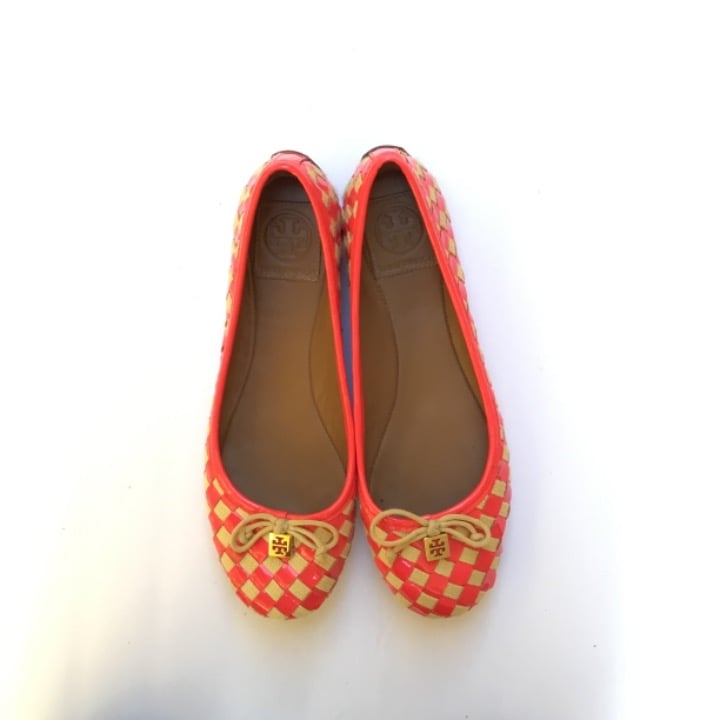 Tory Burch Patent Woven Checker Flats