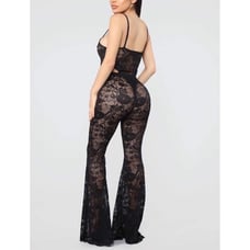 Black Floral Lace Bodysuit Pants Set