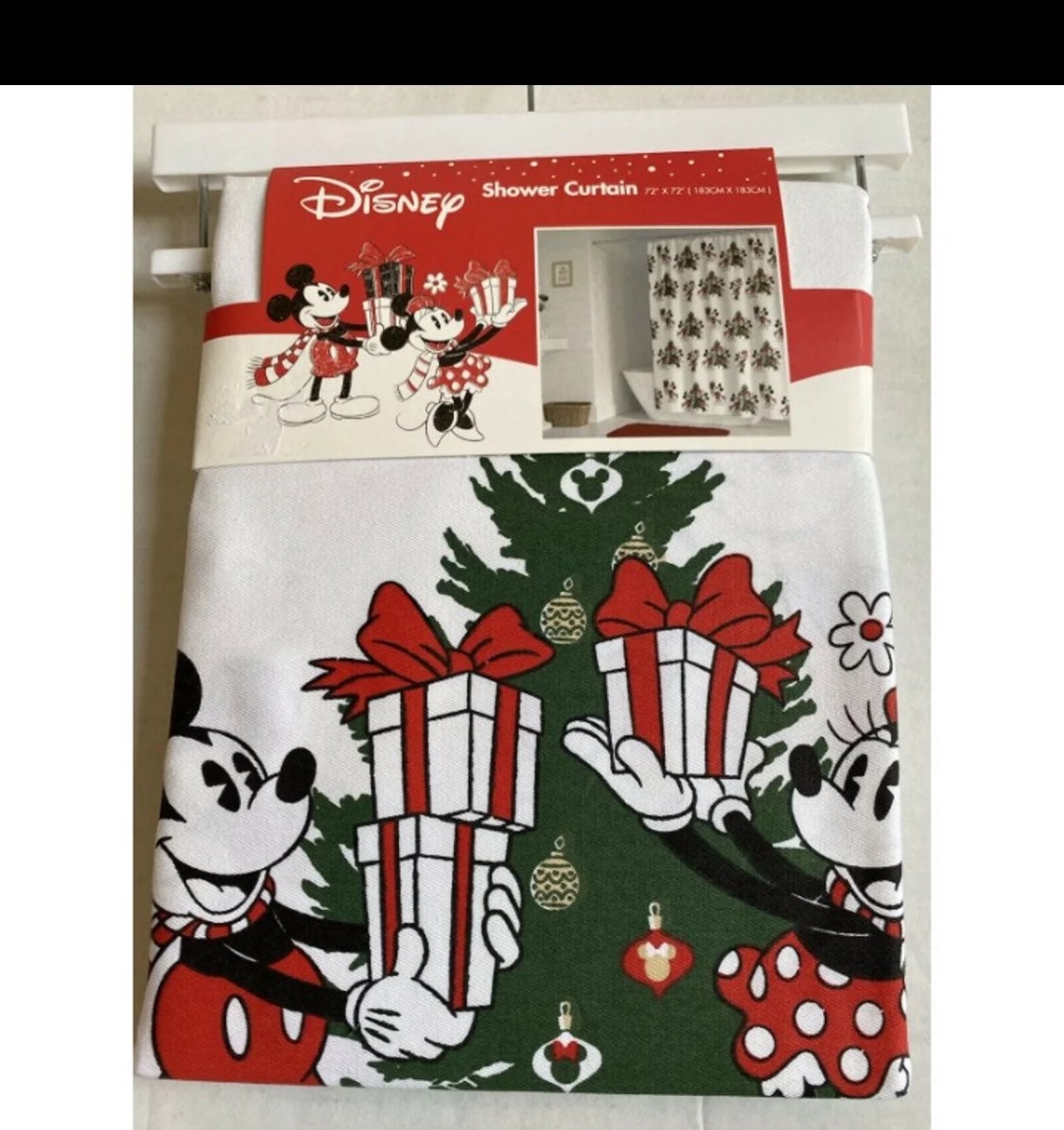 Disney Mickey & Minnie Christmas Tree Gifts Winter Holiday Shower Curtain NWT