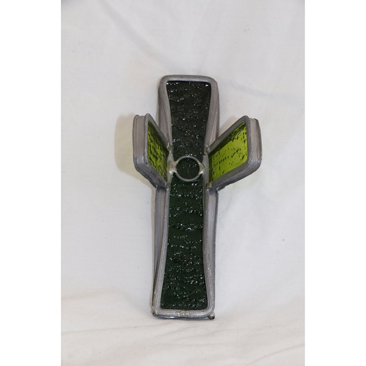 Vintage Stained Glass Crucifix Celtic Cross Handmade Dark Green & Light Green