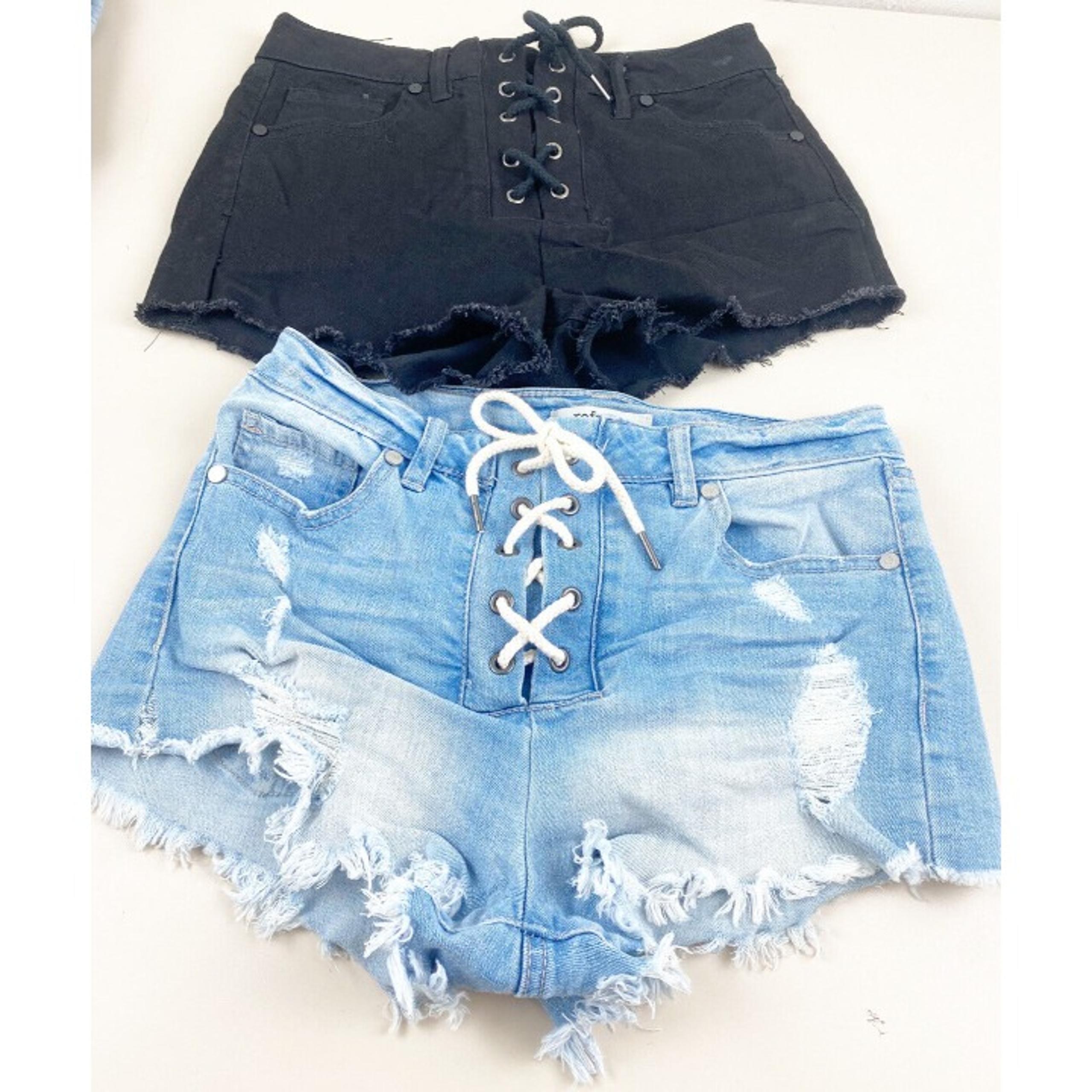 Refuge Size 2 Lace Up Cut off Booty Shorts (Lot of 2) Black & Faded Blue Stretch