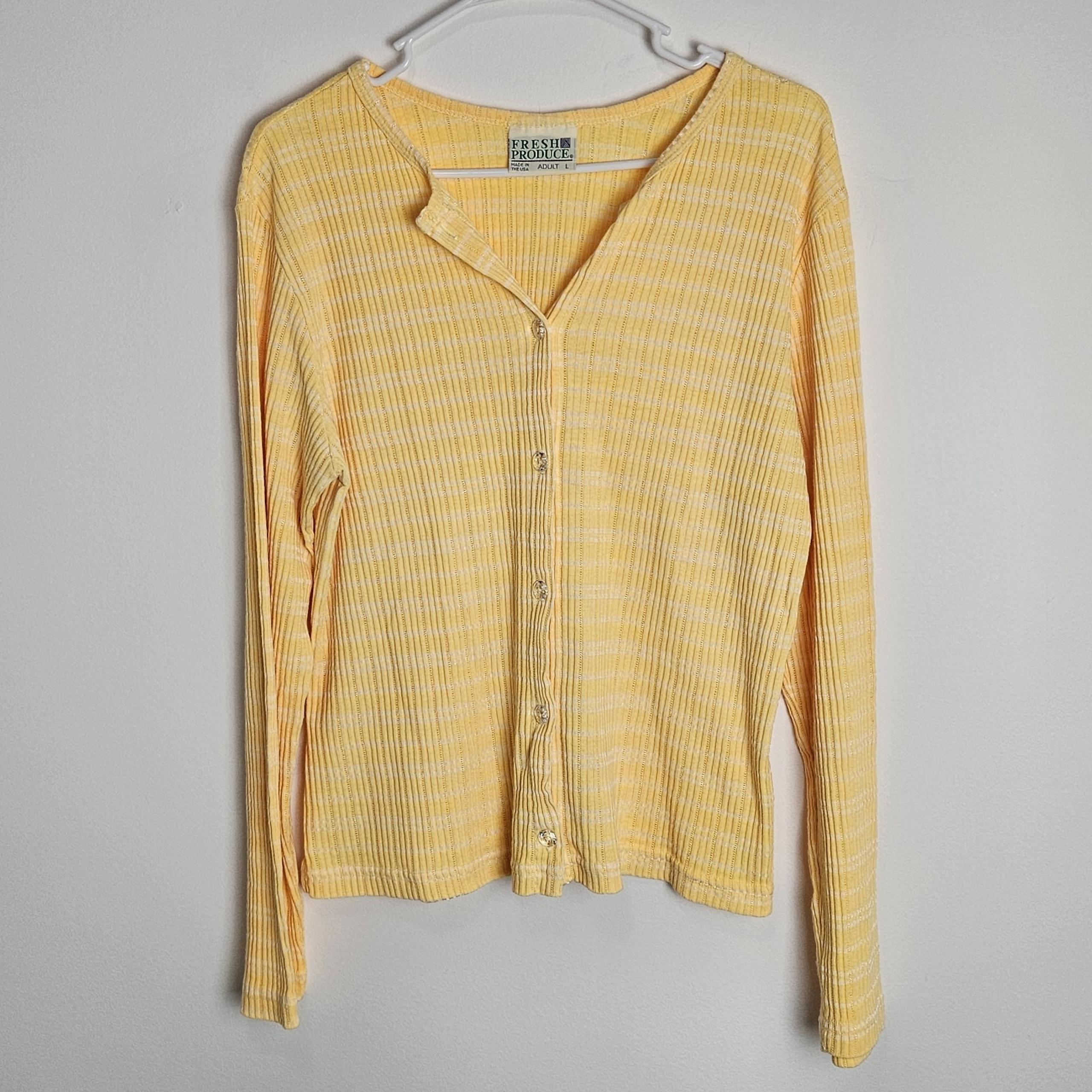 Fresh Produce Cardigan Sz L Accent Button Front Sweater Yellow Striped USA VTG