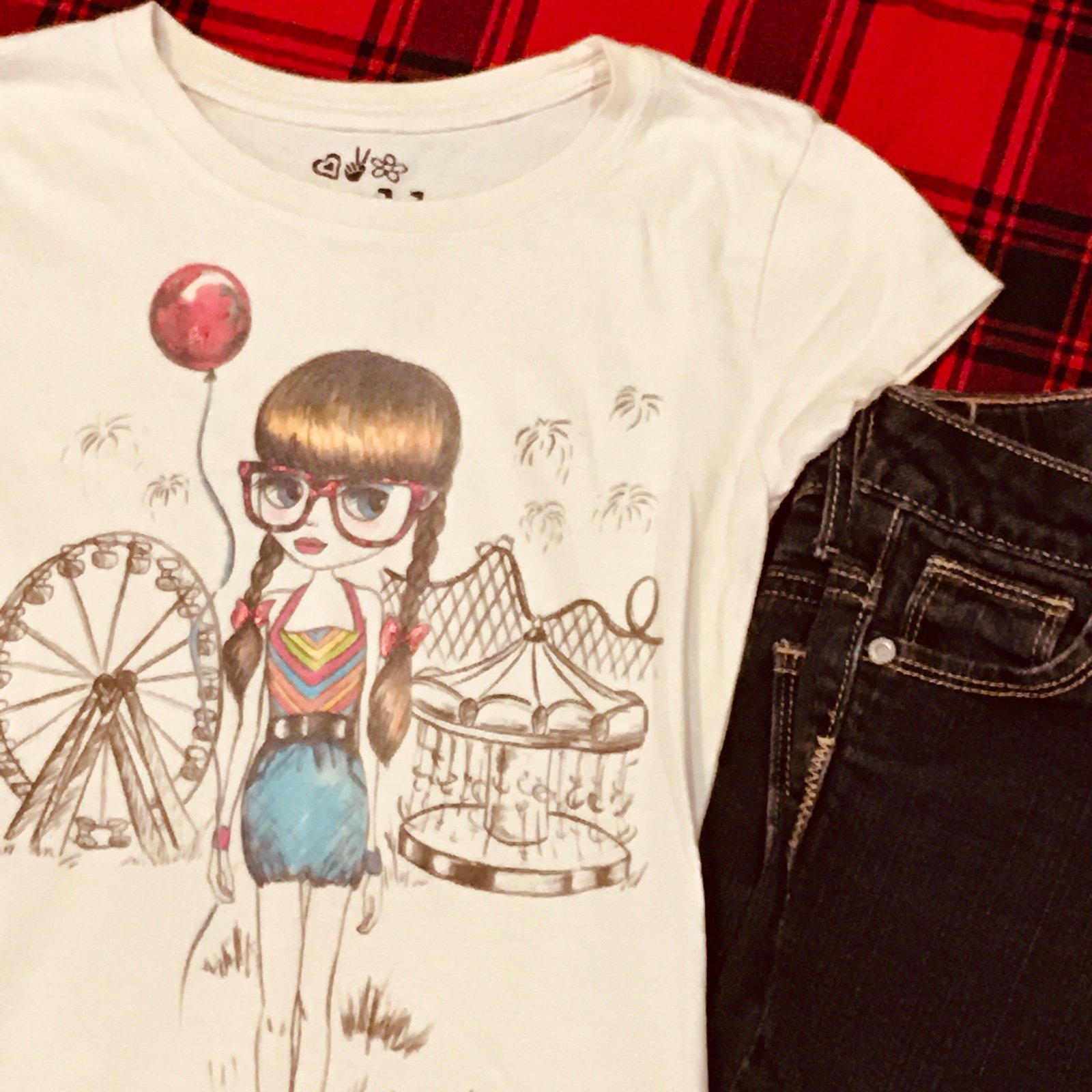 Mudd fair balloon tee shirt top and old navy skinny denim jeans 7 8 school