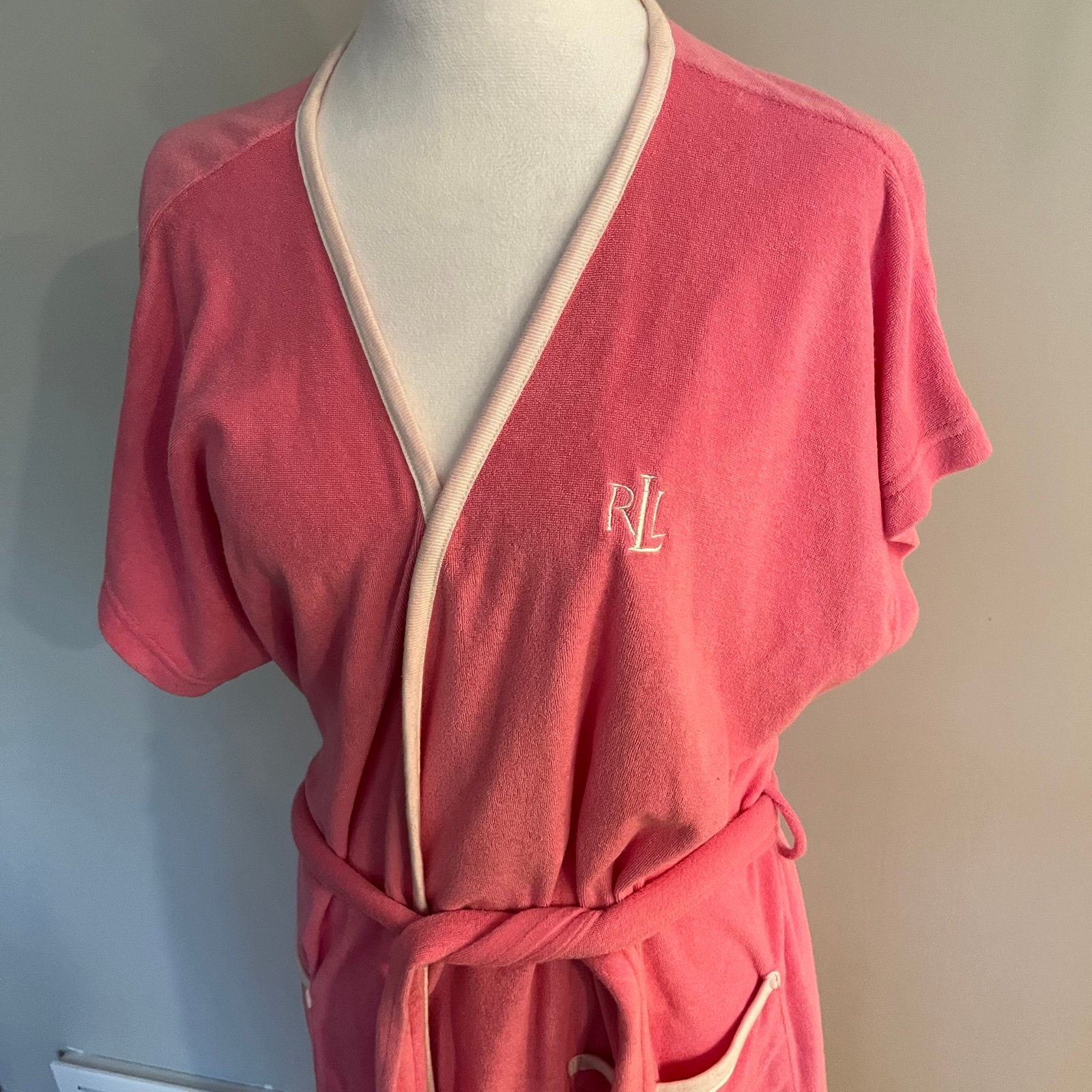 Lauren Ralph Lauren LRL Cotton Terry Robe short pink pockets Lg
