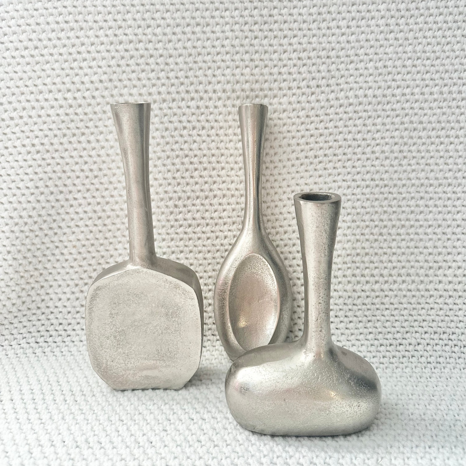 Vintage MCM Set of 3 Silverplated Hammered Brass Texture Different Bud Vases