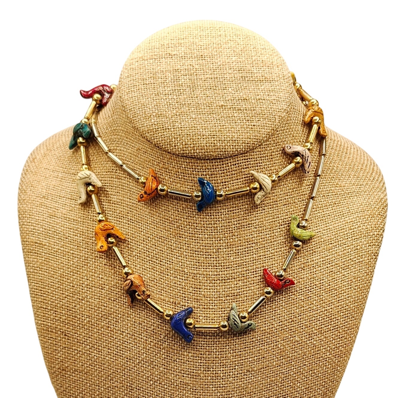 Hand Painted Clay Fetish Necklace Brightly Colored Birds Silver Tone Tube Beads