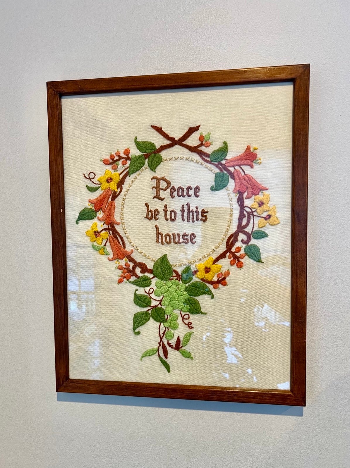 Vintage Framed Crewel Embroidery “Peace Be To This House”