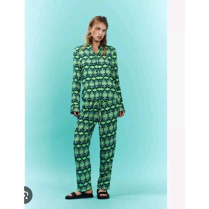 ZARA GEOMETRIC PRINT PANTS And TOP GREEN | 3300/515 womens 100% viscose M