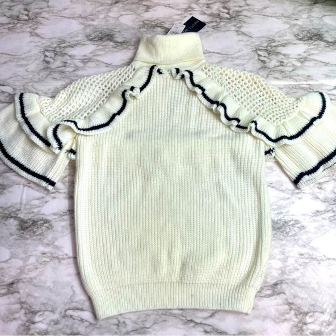 Haute Rogue Crocheted Turtleneck Ruffled Short Sleeve Open Crocheted Back M NWT
