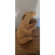 Vintage MCM Large WICKER Rattan FROG magazine BASKET Glass Marble eyes