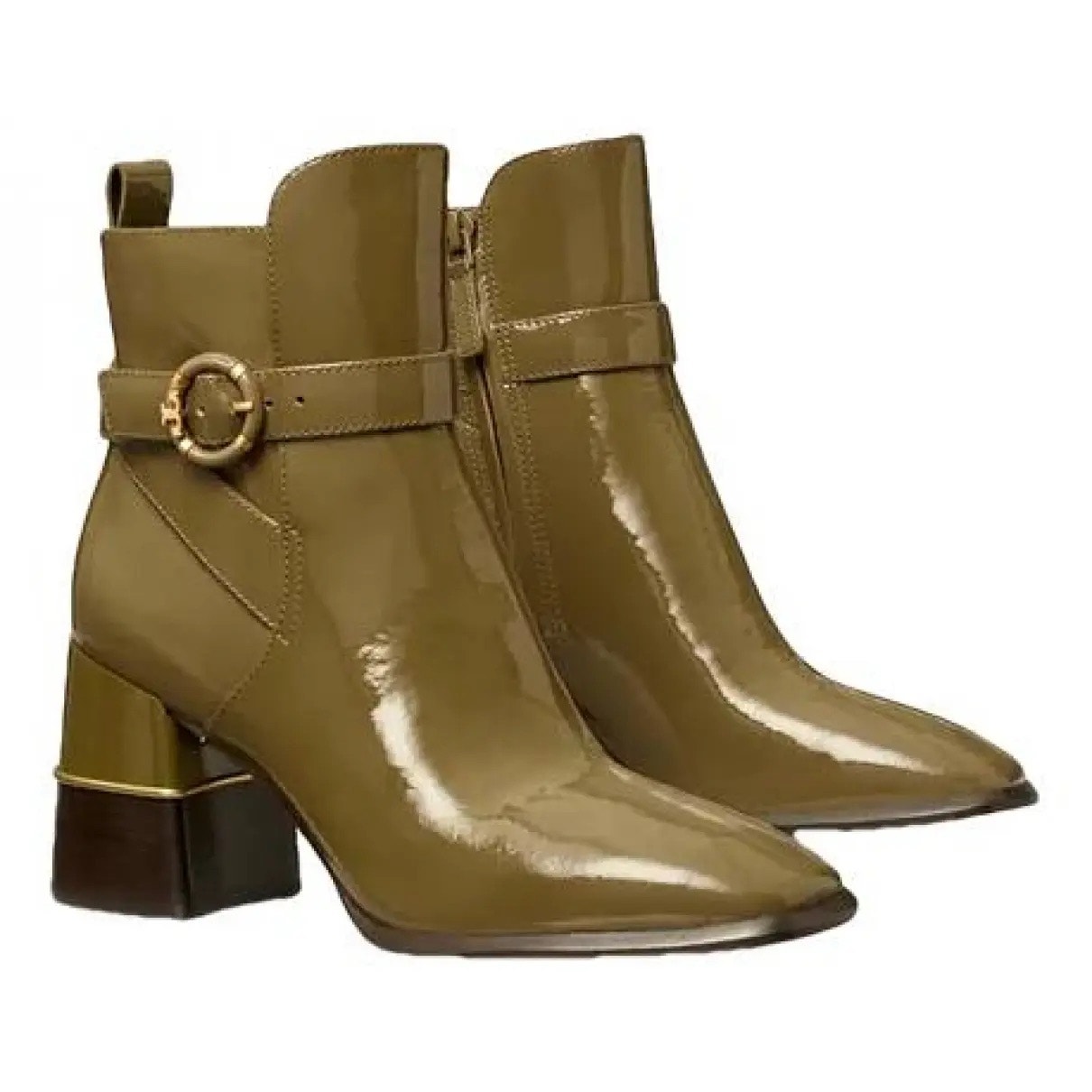 Tory Burch 8 2.5in block heel patent leather Moss Green bootie w/gold accents