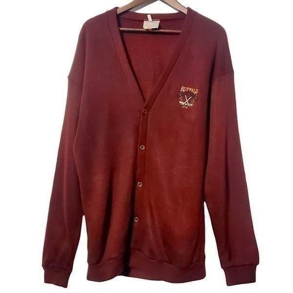 VTG Buffalo Hockey School Mens Cardigan Sweater Size M Red Fleece Varsity