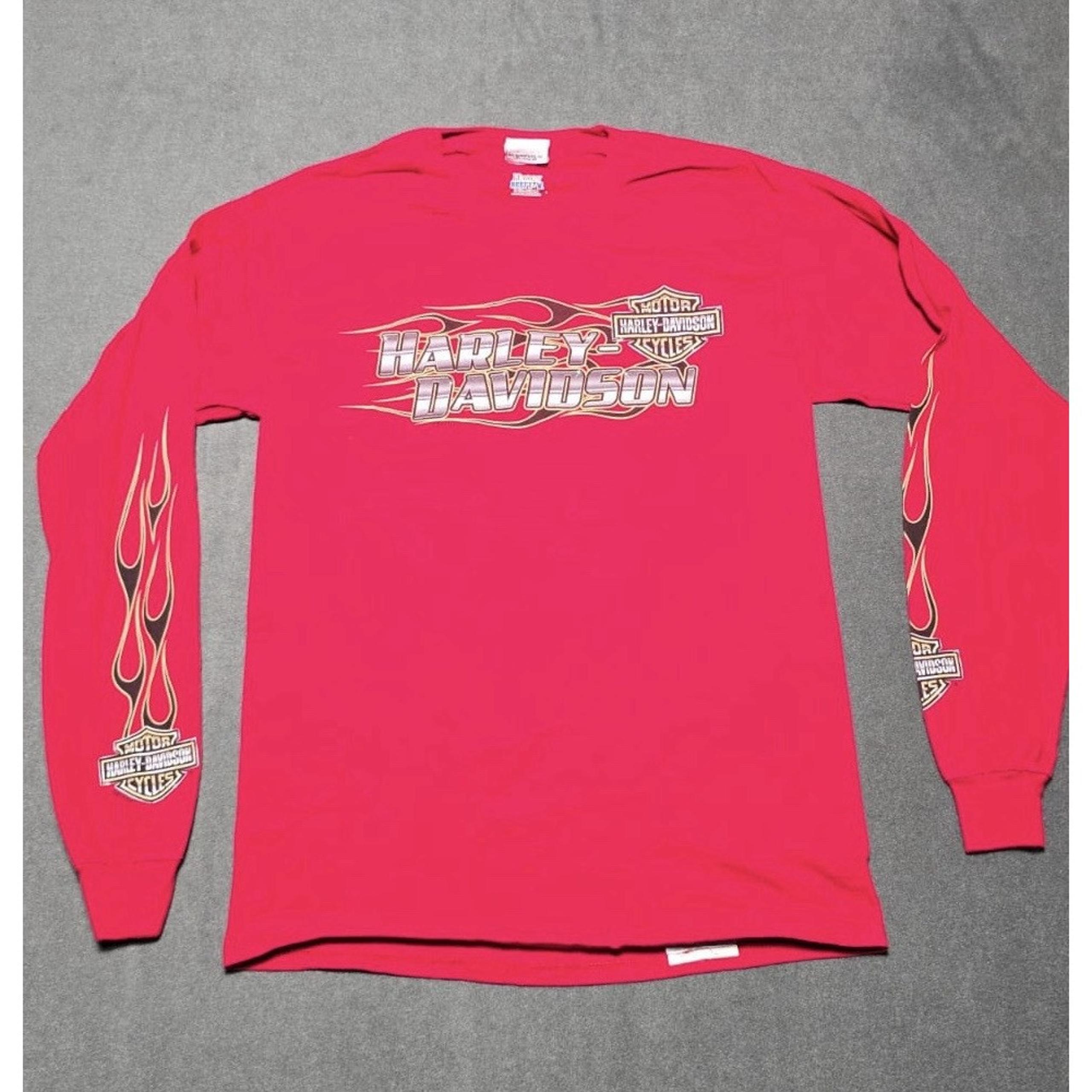HARLEY DAVIDSON Y2K FLAMES Long Sleeve Biker Motorcycle Tee Shirt Men M Red