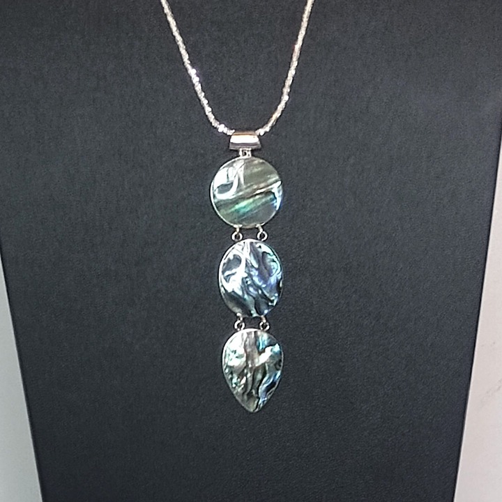 Abalone Shell Pendant Drop Necklace Triple Teardrop Circle Design Chain Sterling