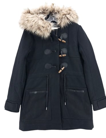 NWT ABERCROMBIE & FITCH Black Wool Blend Toggle Coat Faux Fur Women's SMALL