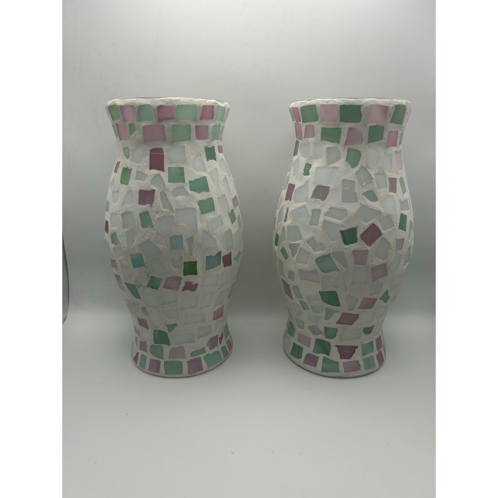 2-PC Mosaic Tile Stain Glass Hurricane Candle Holders 9" Tall Pink Blue Green