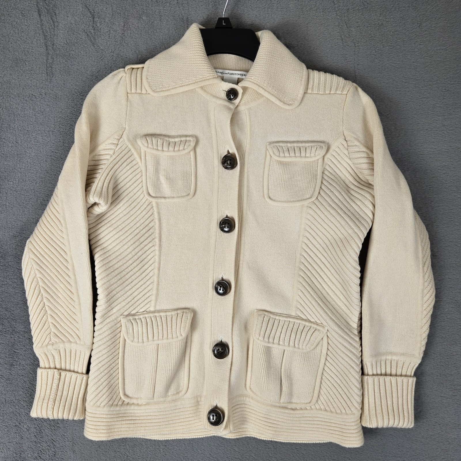 Diane von Furstenberg Sweater Women's Small Ivory 100% Wool Ribbed Cardigan
