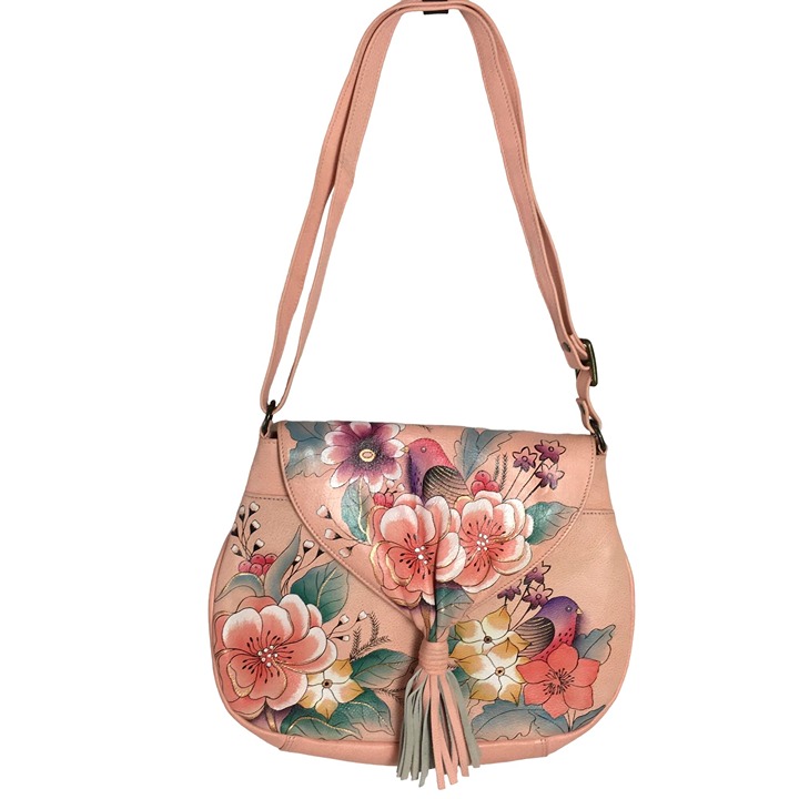 Anuschka NEW Handpainted Leather Cross Body Tassel Flap Peach Bird Floral