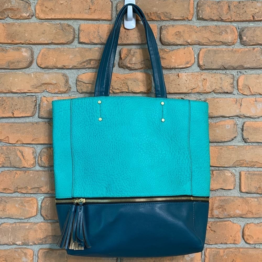 Neiman Marcus Tote Bag Turquoise Blue Faux Leather Zip Accent Purse Large Teal