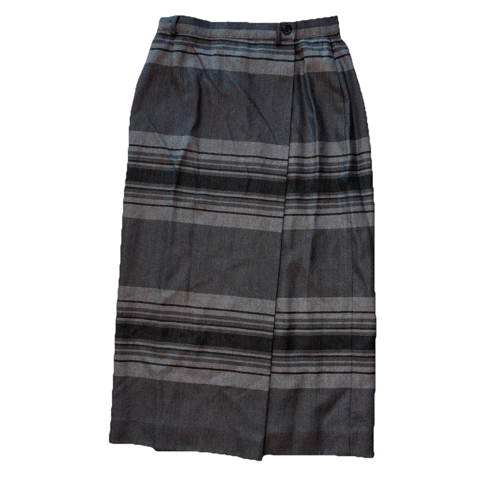 VTG Ralph Lauren Womens 12 Wool Wrap Maxi Skirt 12 Gray Stripe Plaid Preppy
