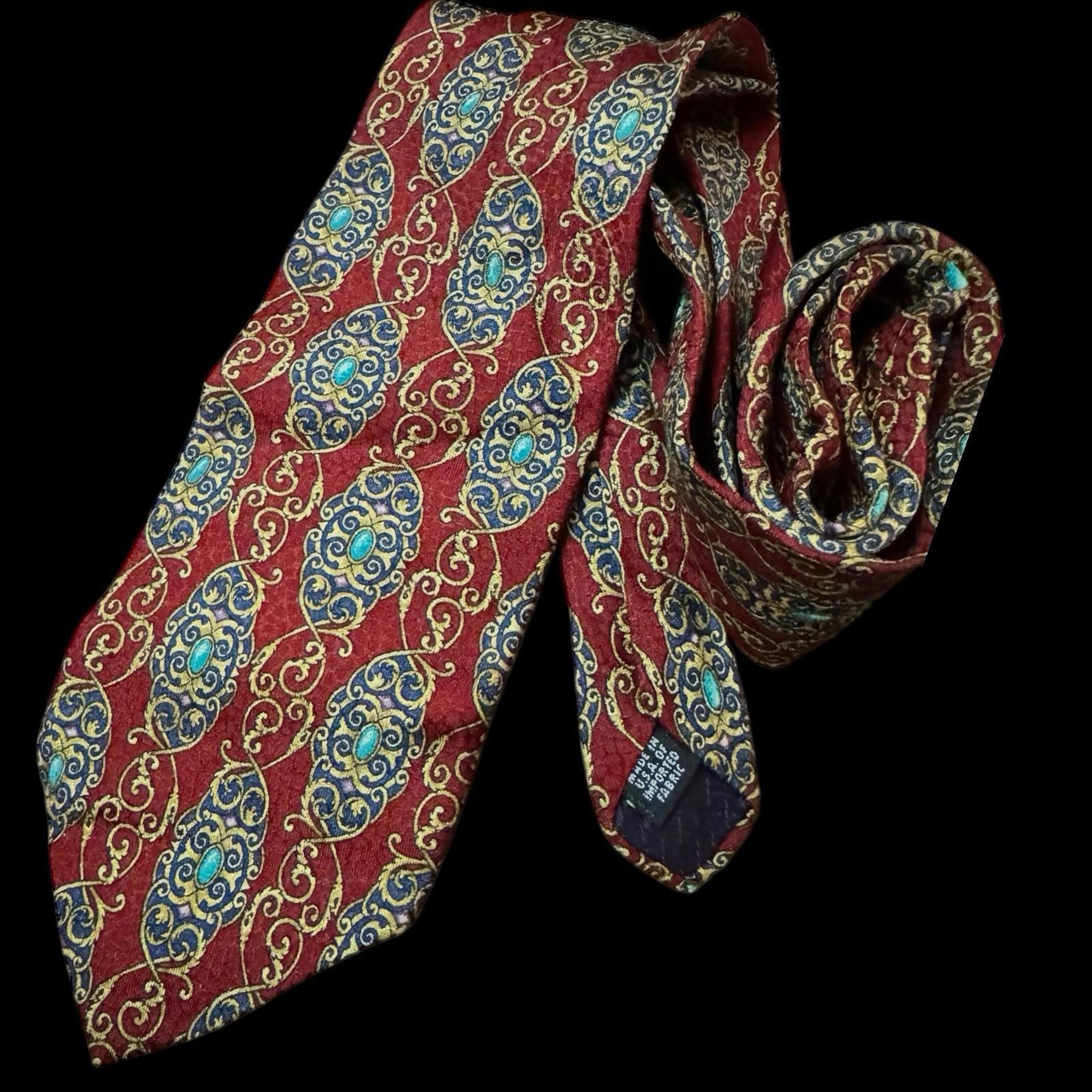 Vintage CHRISTIAN DIOR Dark Red Medallion Print Silk Necktie Tie