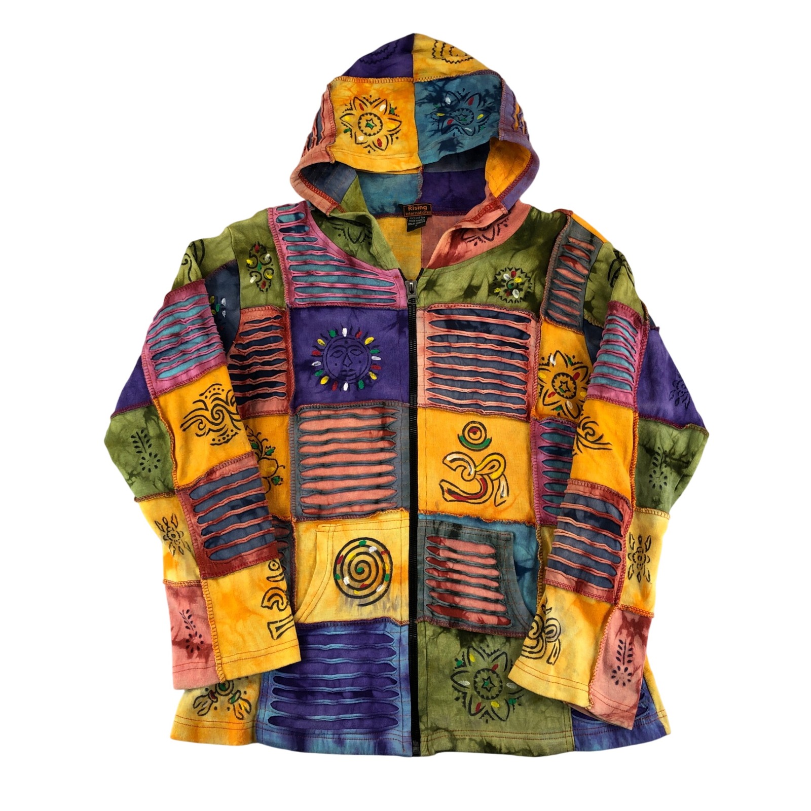 Rising International Patchwork Zip Hoodie Women Large Distressed Nepal Boho