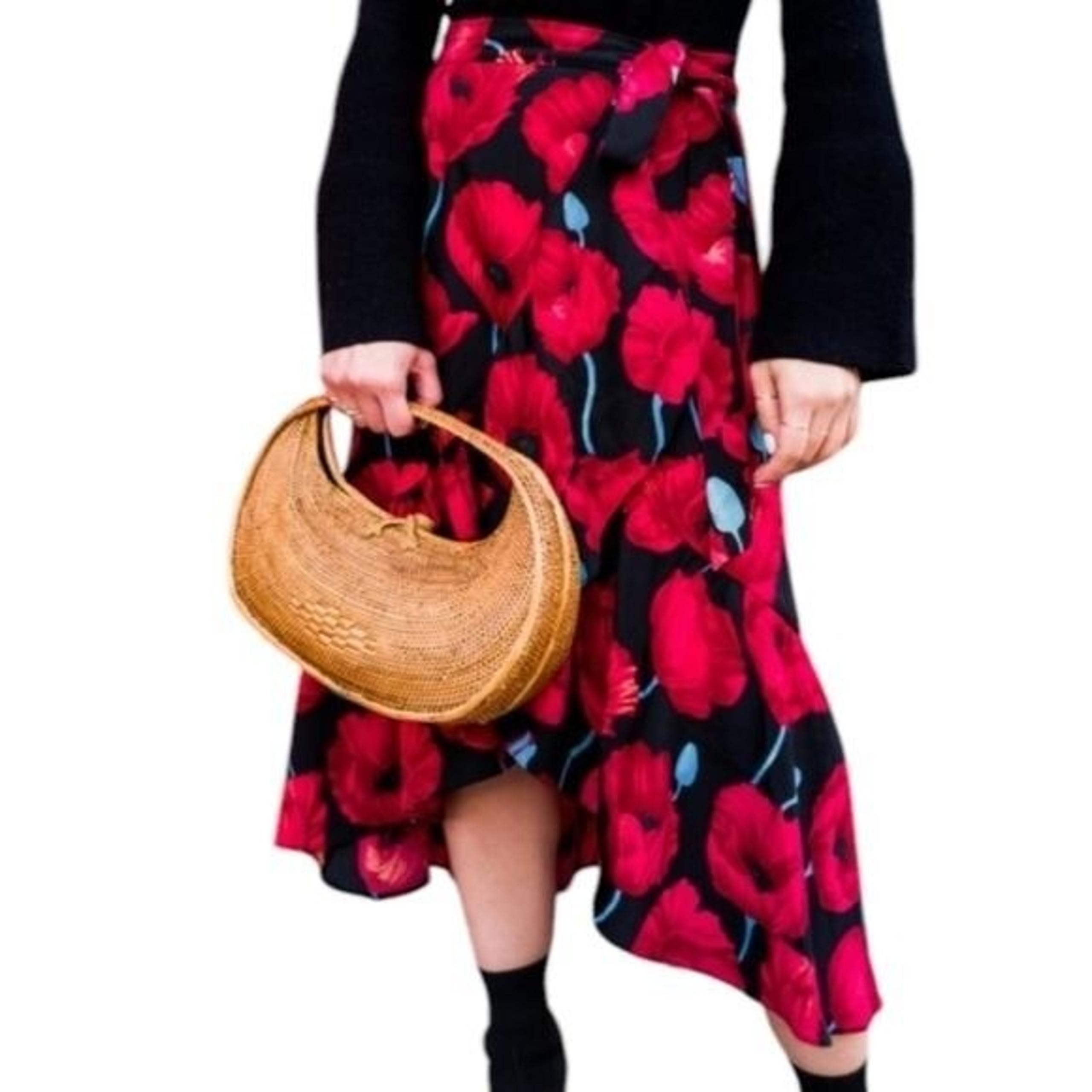 H&M Women's Wrap Midi Skirt Red Black Floral Design & Ruffles Size 12
