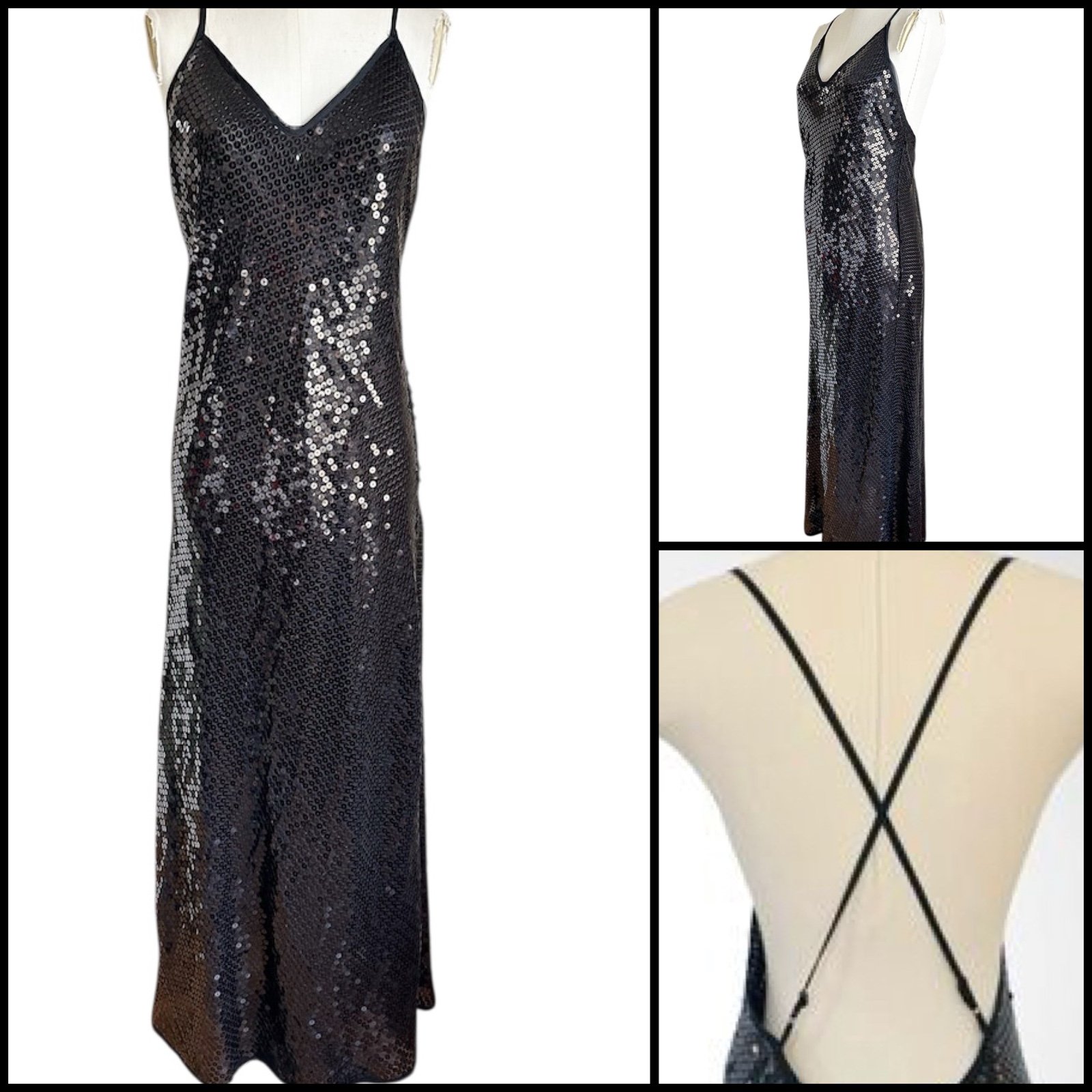 Rare Victoria’s Secret 90’s Elegant Black Sequin Crisscross Back Formal Dress S