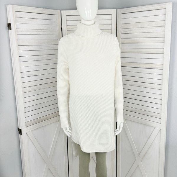 Express Ribbed Asymmetrical Hem Split Side Long Sweater Cream Large Turtle Neck