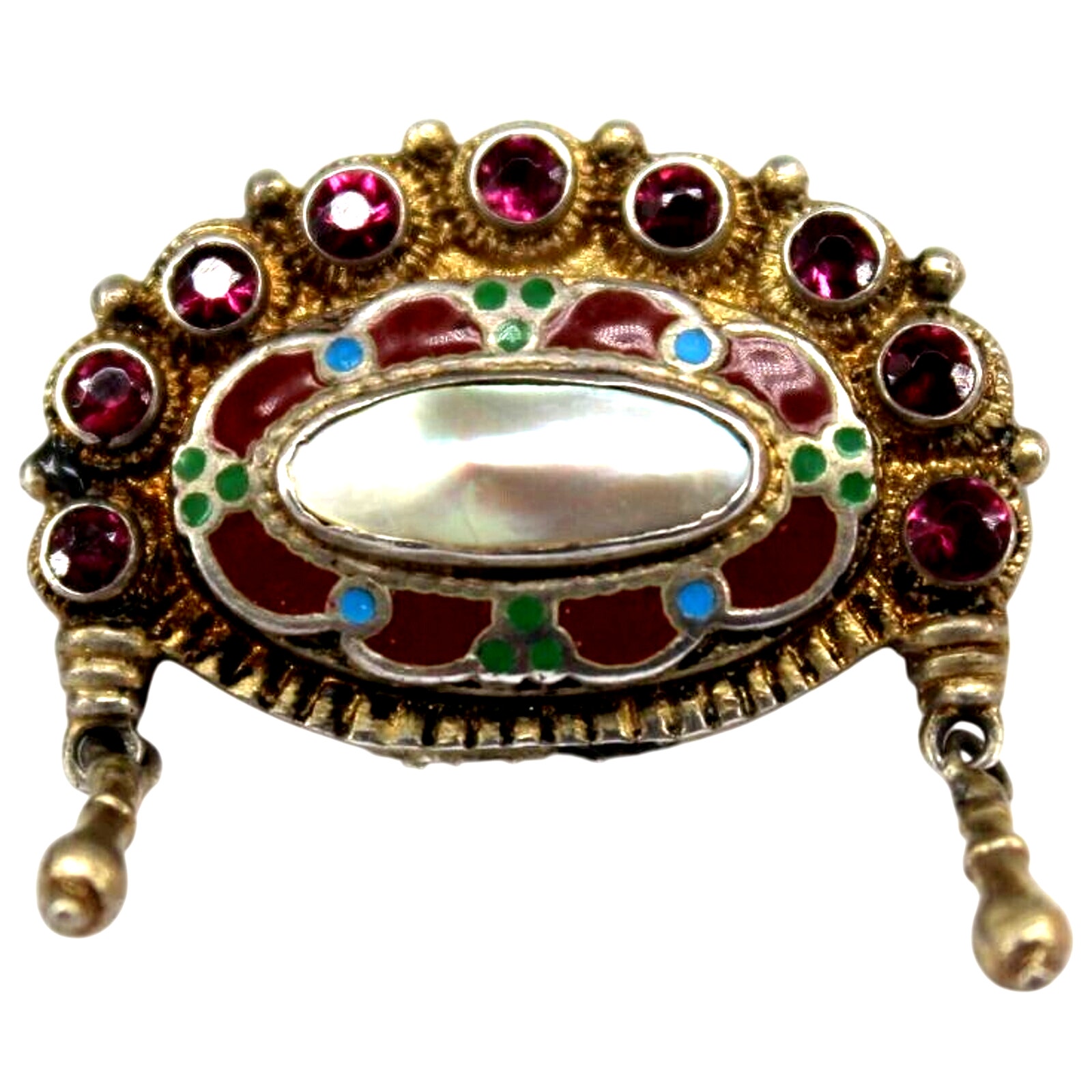 Vintage Brooch 935 Silver Pearl Enamel Rhinestone Red Green Blue • 1 Wide