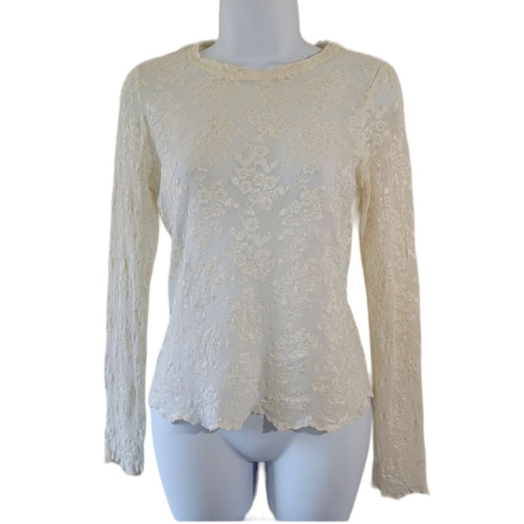 CAbi Women's Y2K Sheer Floral Mesh Top Sz M White Stretchy Sheer Feminine