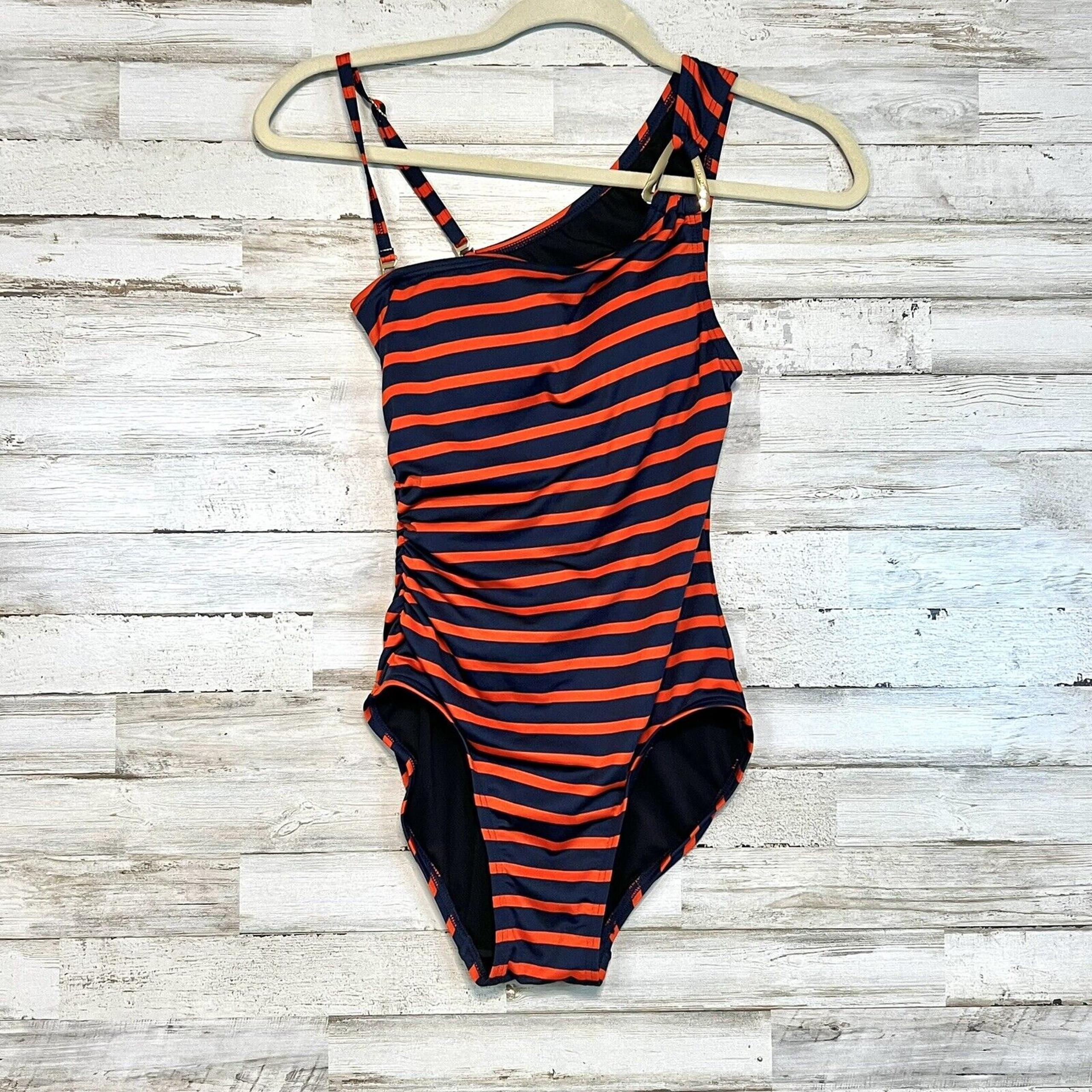 Michael Kors Swimsuit Womens Size 4 Blue Red Striped One Shoulder One Piece