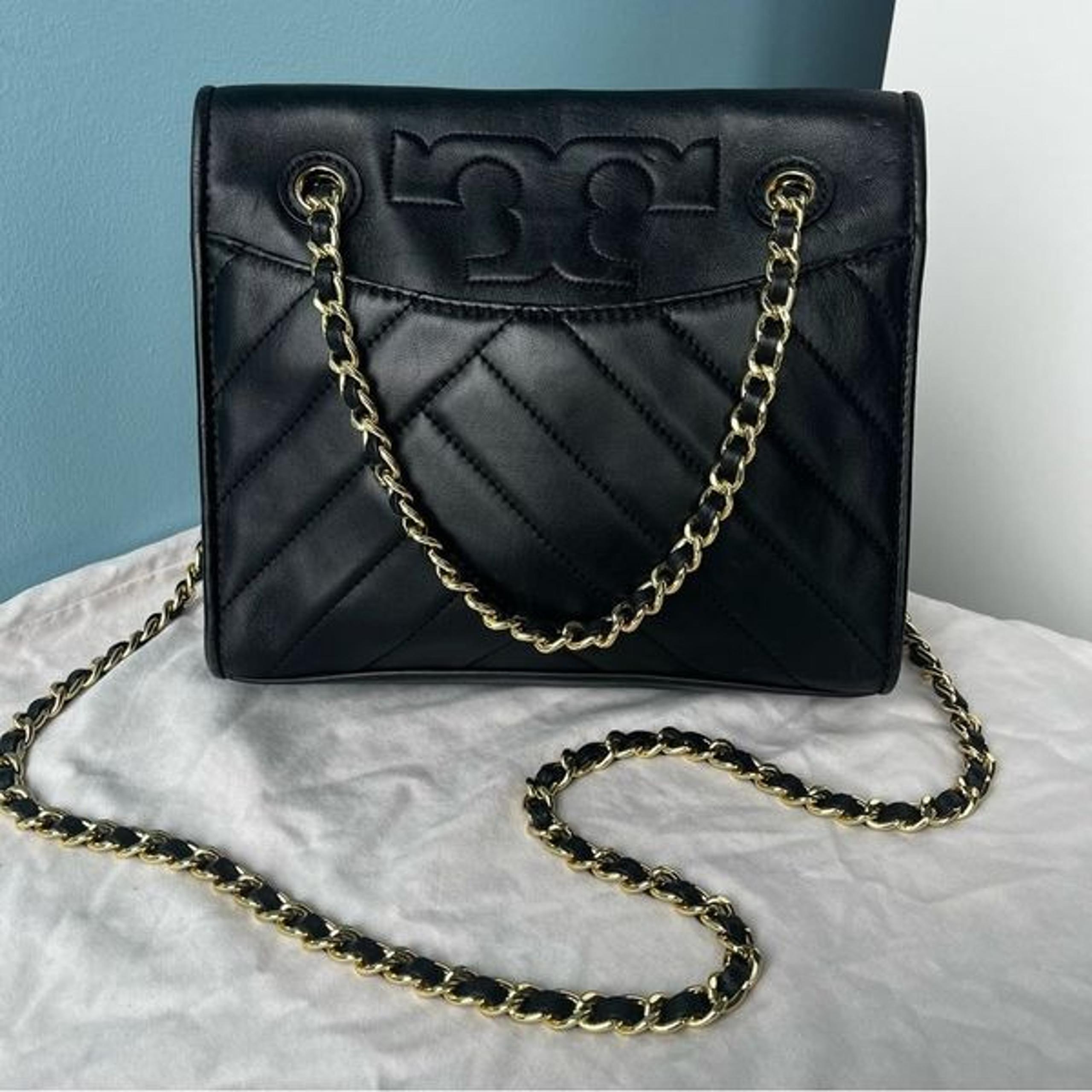 TORY BURCH Black Nappa Leather Fleming Flap Marion Crossbody Chain Handbag