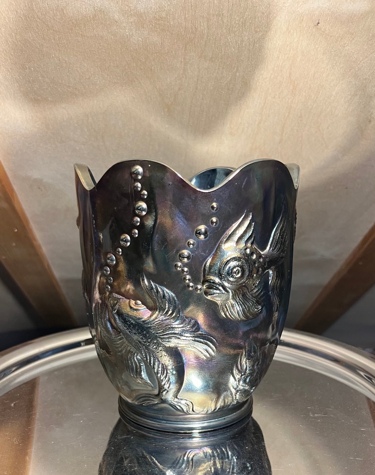 Fenton Carnival Glass Atlantis Koi Vase
