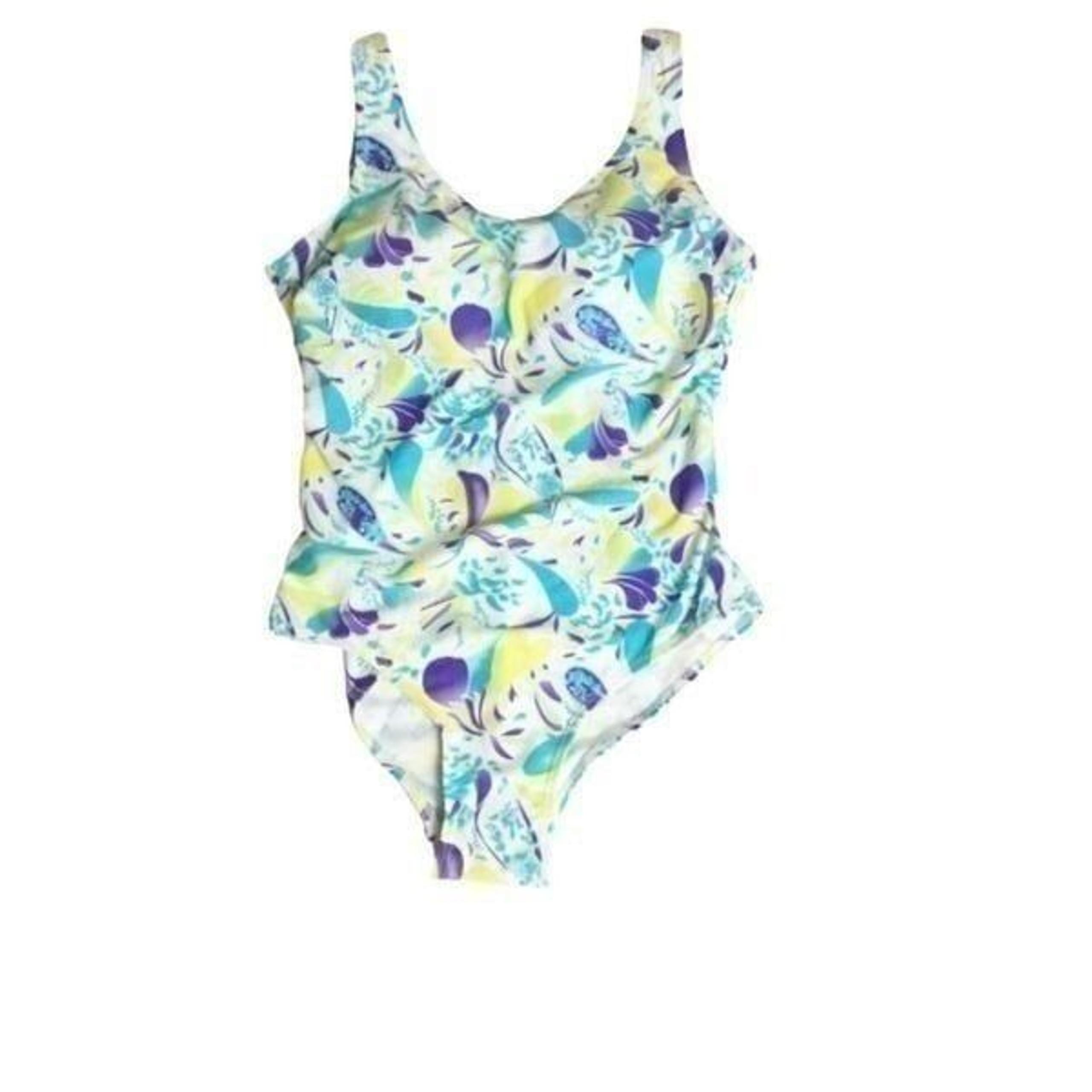 Emily B One Piece Swimsuit White Aqua Purple Floral Tropical Print Small