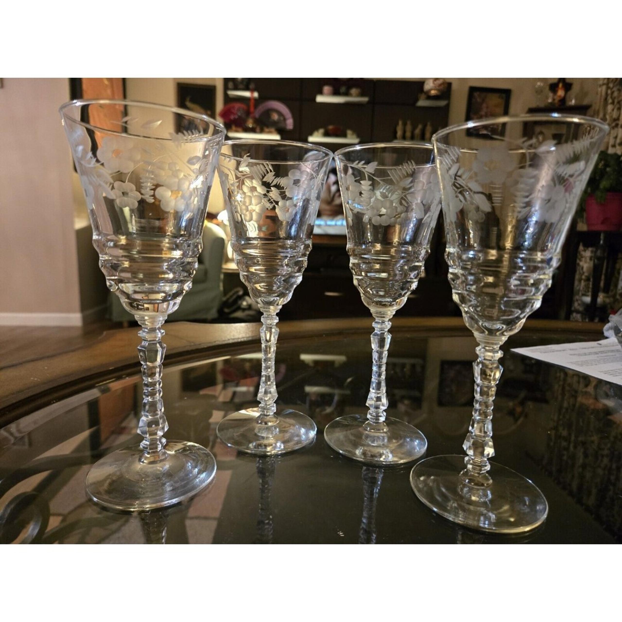 Vintage Libbey Rock Sharpe Halifax Etched Water Goblet, Wine Glasses Set Of 4