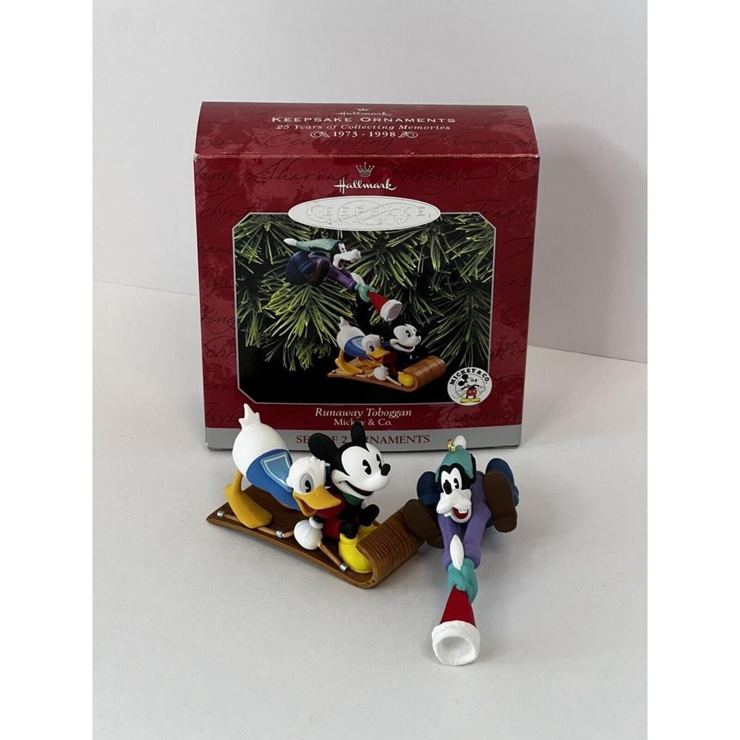 Vintage Hallmark Runaway Toboggan Mickey & Co Set of 2  1998 Keepsake Ornament