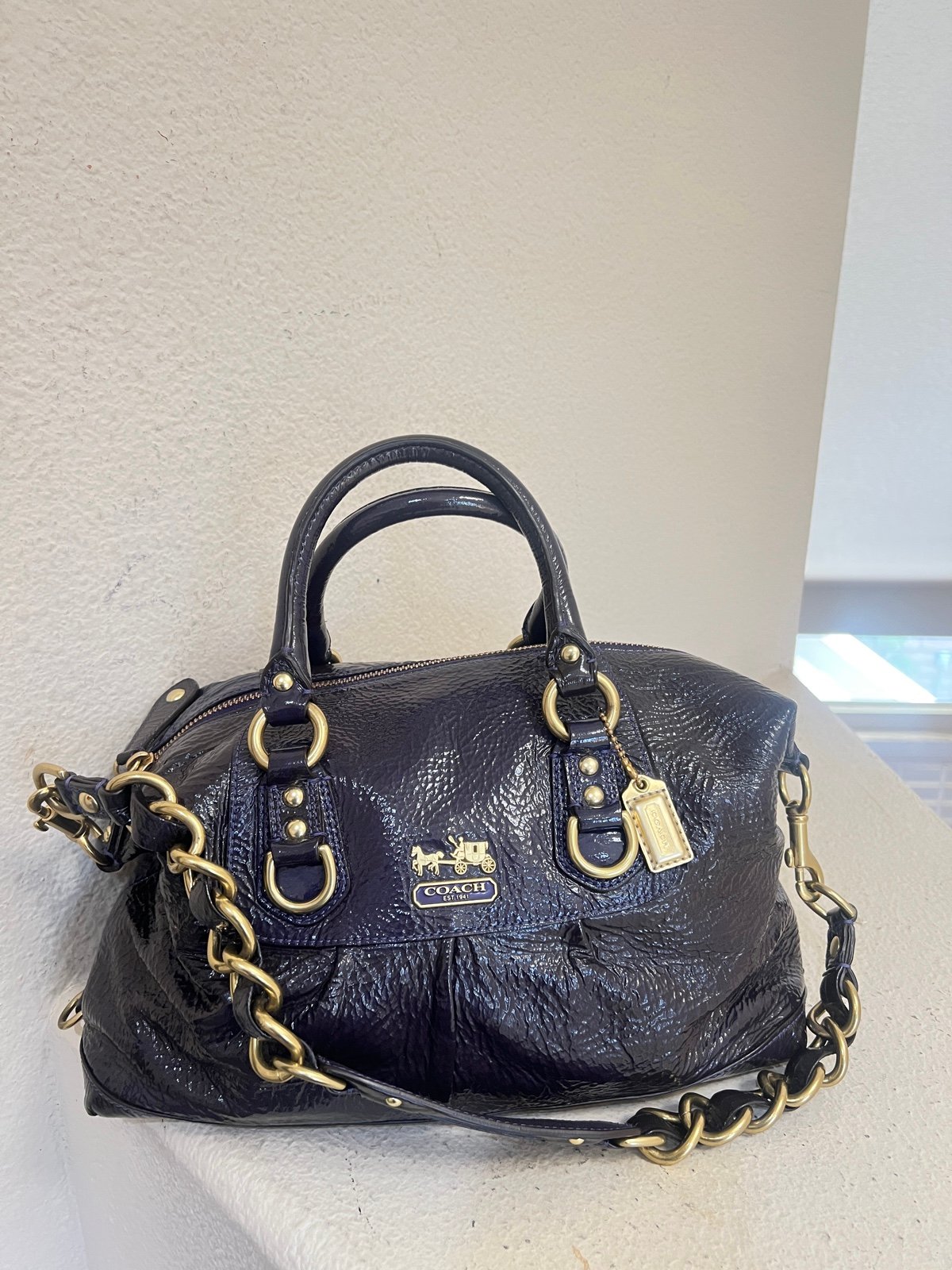 Coach Madison Sabrina Purple Crinkled Patent Leather Satchel Shoulder Bag