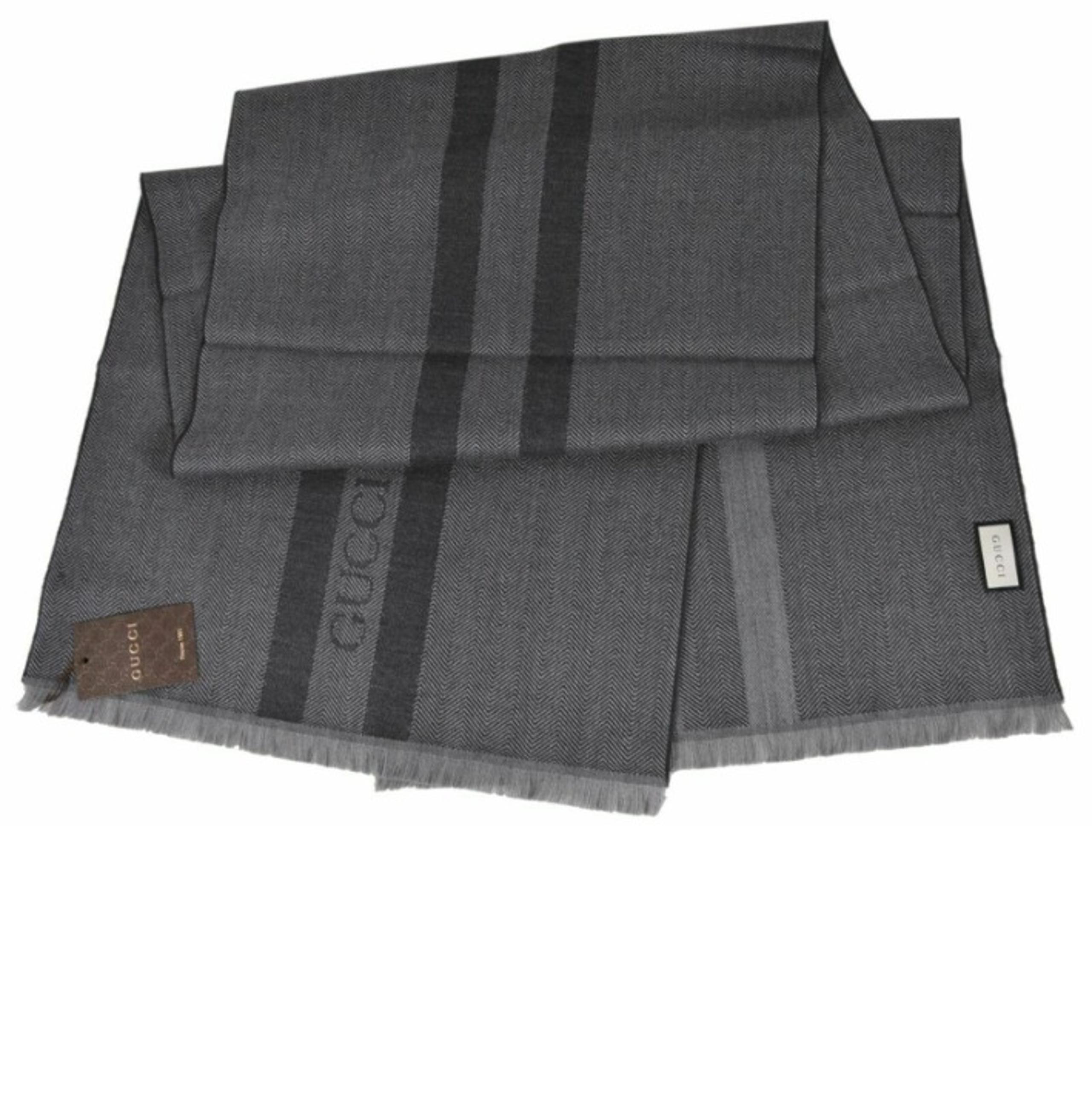 Gucci Wool Ombre Grey Embroidered Logo Striped Scarf Muffler - 75" x 15.5